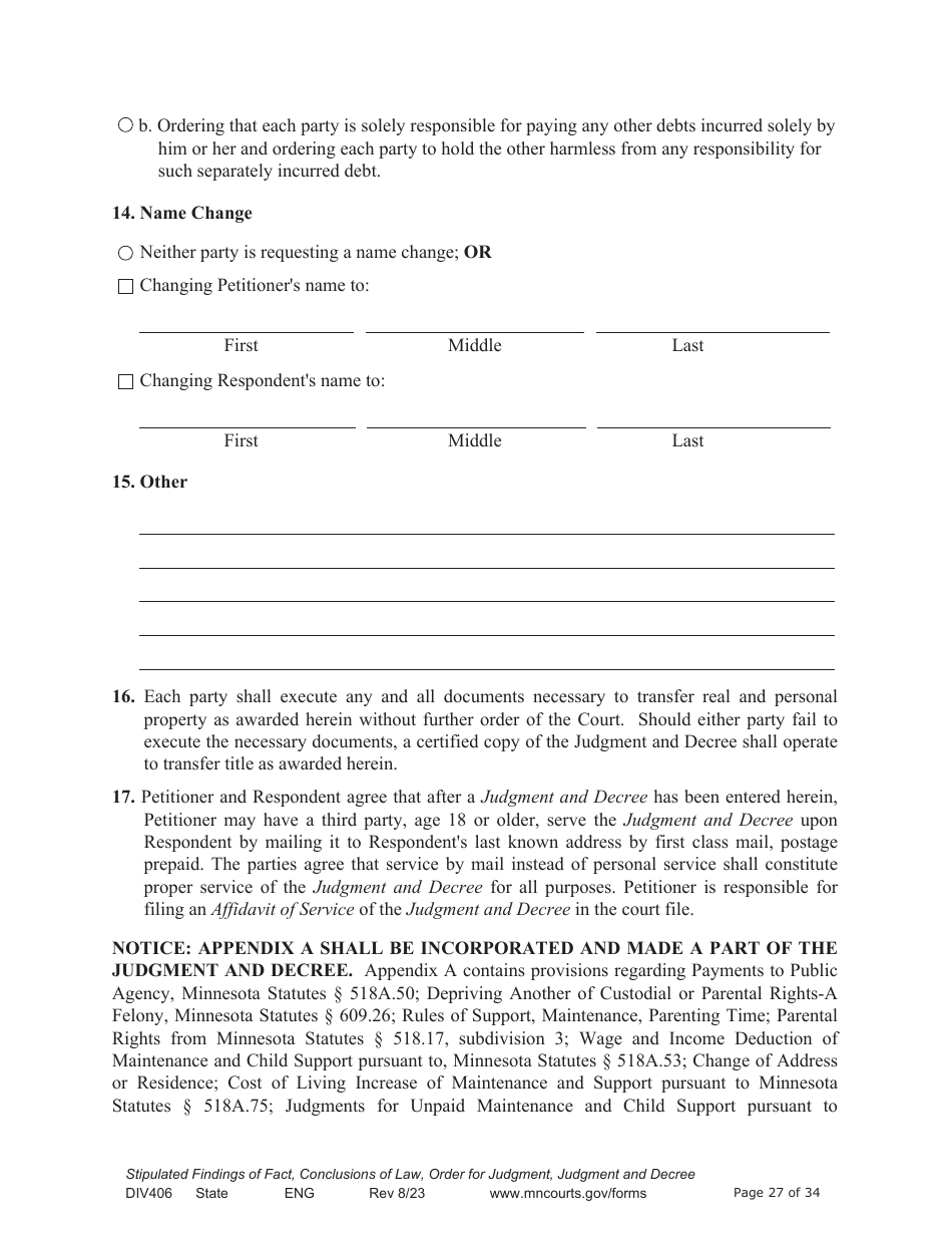 Form DIV406 Stipulated Findings of Fact, Conclusions of Law, Order for Judgment, Judgment and Decree - Minnesota, Page 27