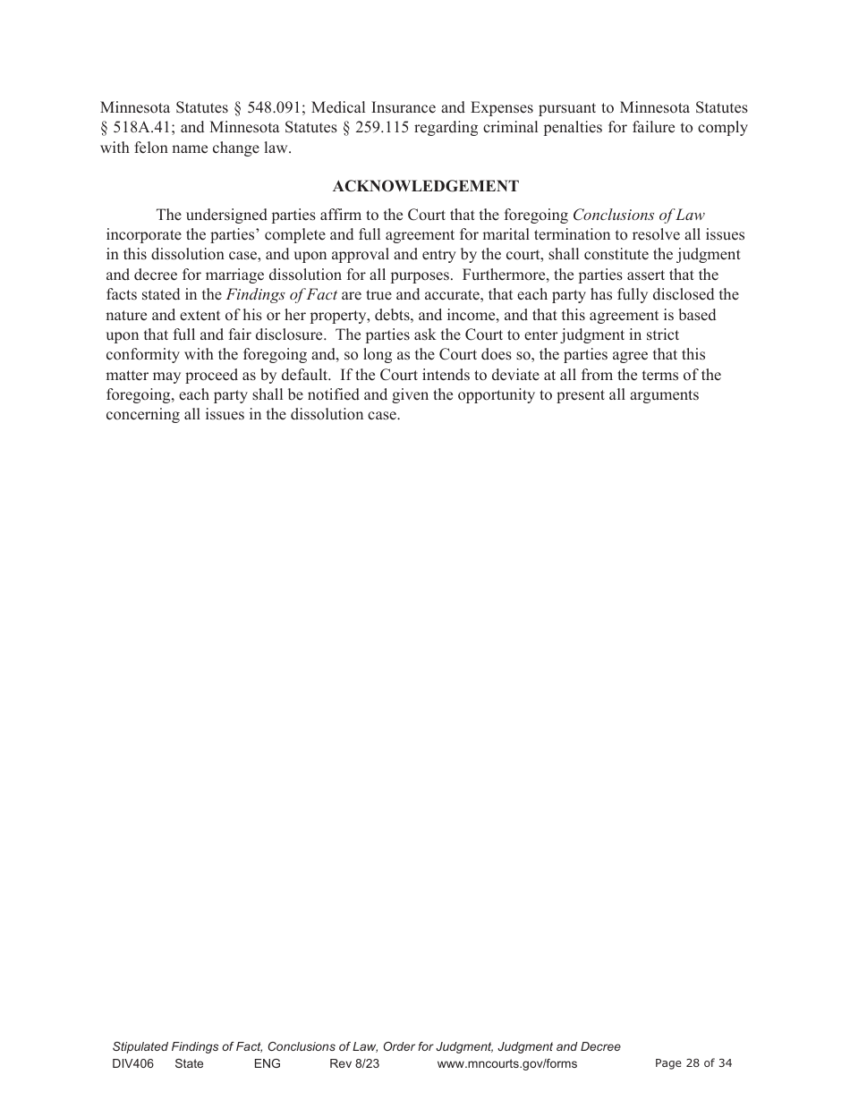 Form DIV406 Stipulated Findings of Fact, Conclusions of Law, Order for Judgment, Judgment and Decree - Minnesota, Page 28