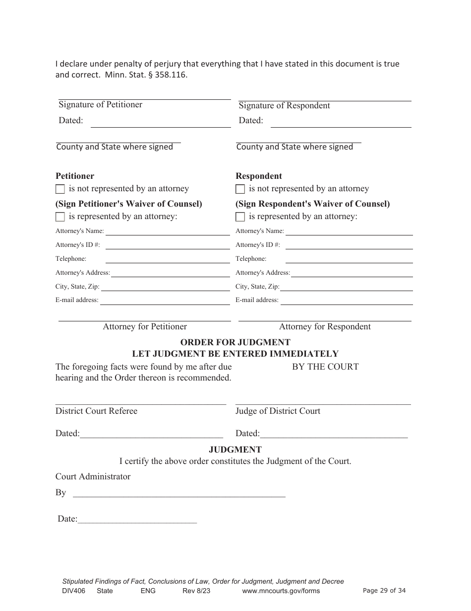 Form DIV406 Stipulated Findings of Fact, Conclusions of Law, Order for Judgment, Judgment and Decree - Minnesota, Page 29
