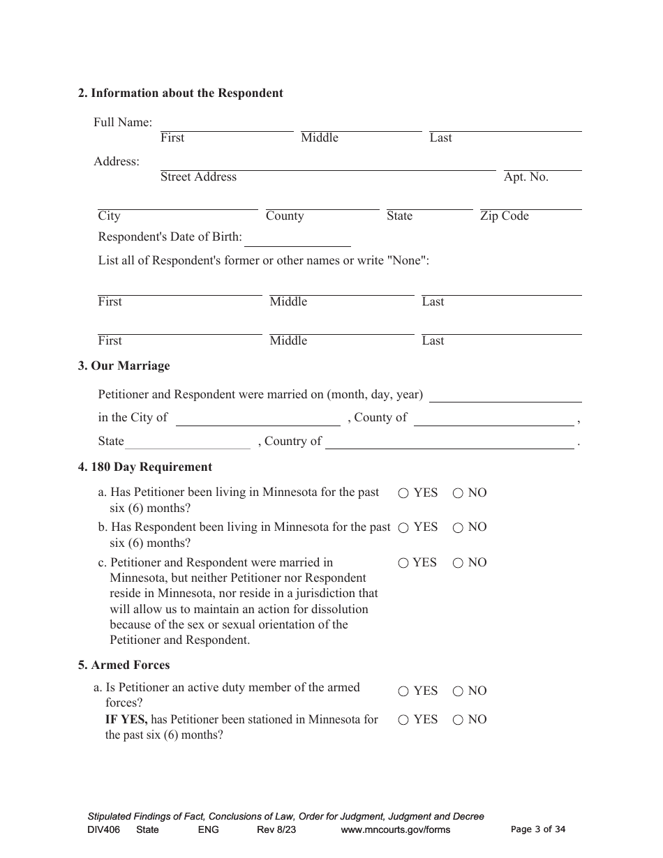 Form DIV406 Stipulated Findings of Fact, Conclusions of Law, Order for Judgment, Judgment and Decree - Minnesota, Page 3