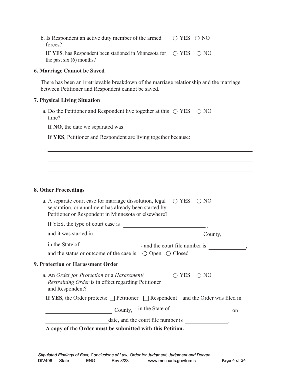 Form DIV406 Stipulated Findings of Fact, Conclusions of Law, Order for Judgment, Judgment and Decree - Minnesota, Page 4