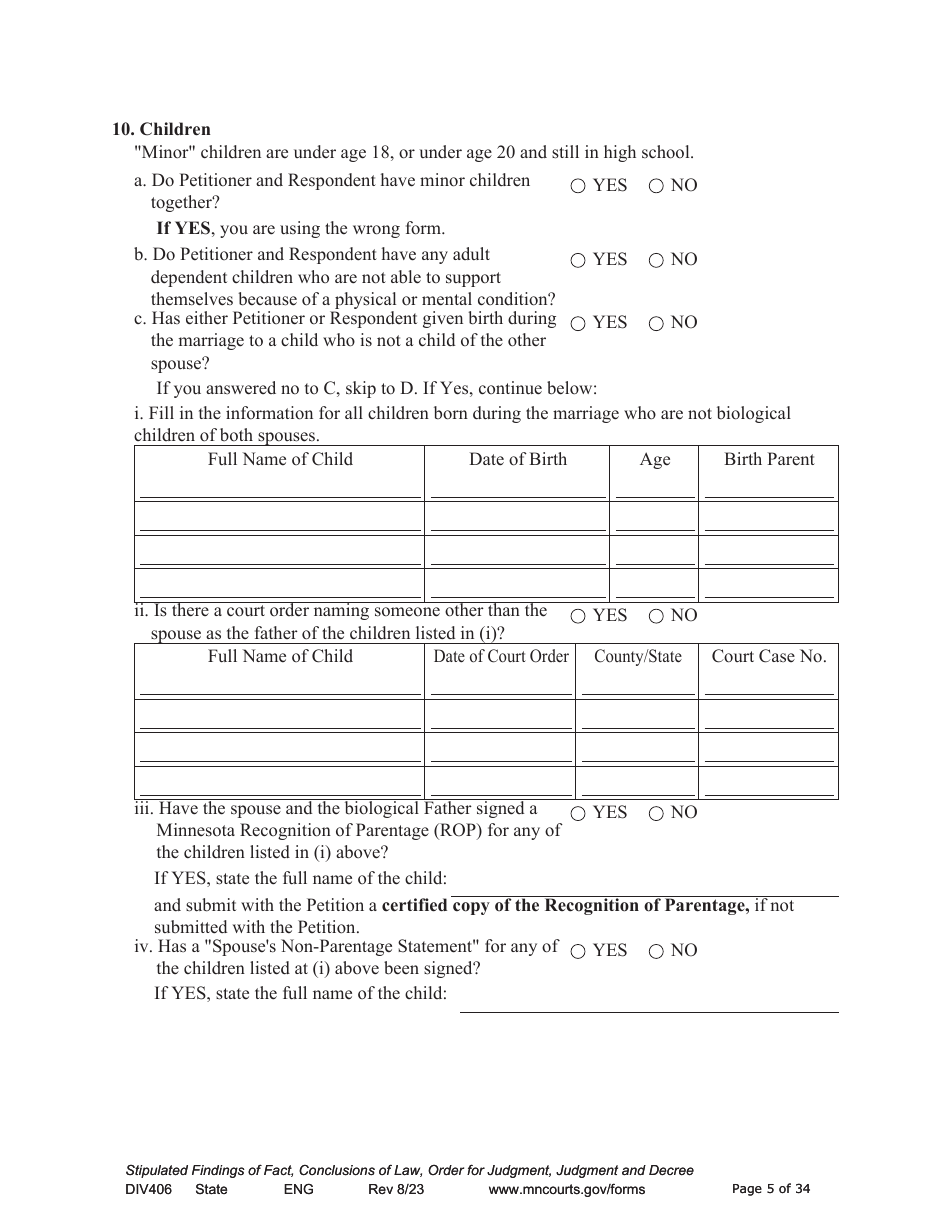 Form DIV406 Stipulated Findings of Fact, Conclusions of Law, Order for Judgment, Judgment and Decree - Minnesota, Page 5