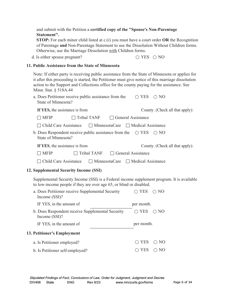 Form DIV406 Stipulated Findings of Fact, Conclusions of Law, Order for Judgment, Judgment and Decree - Minnesota, Page 6