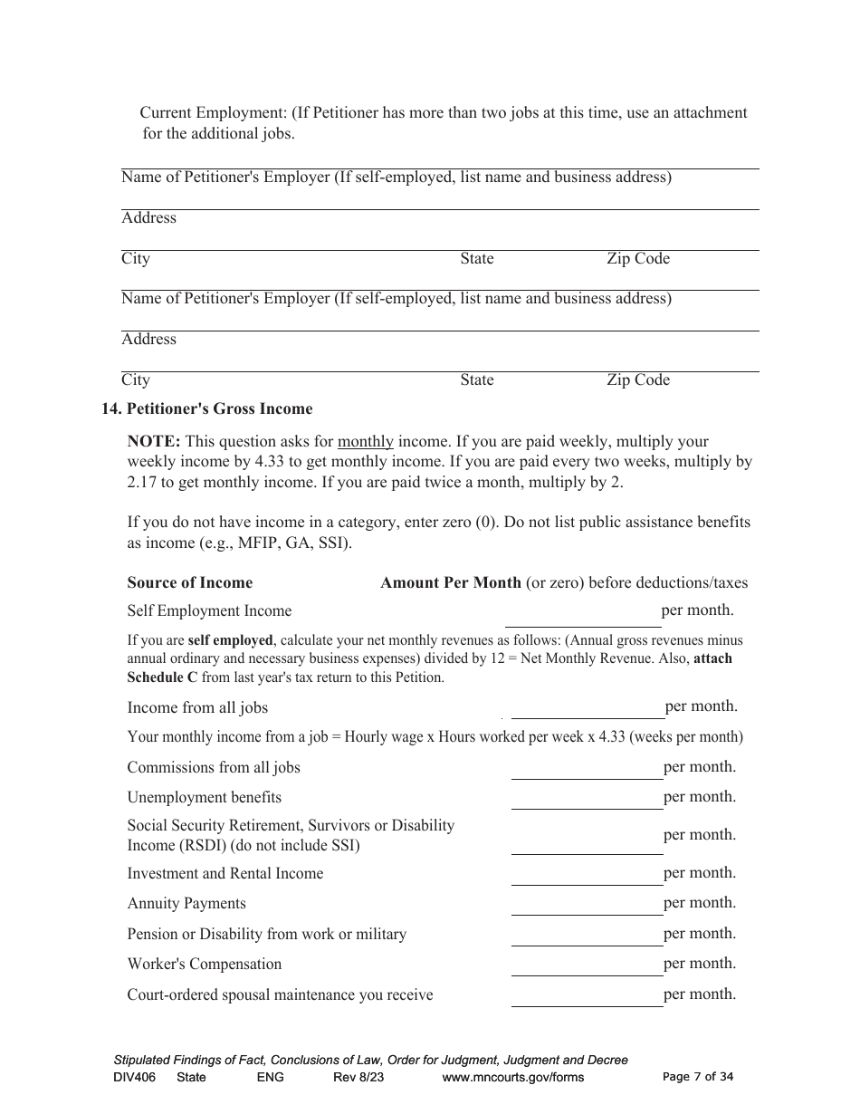 Form DIV406 Stipulated Findings of Fact, Conclusions of Law, Order for Judgment, Judgment and Decree - Minnesota, Page 7
