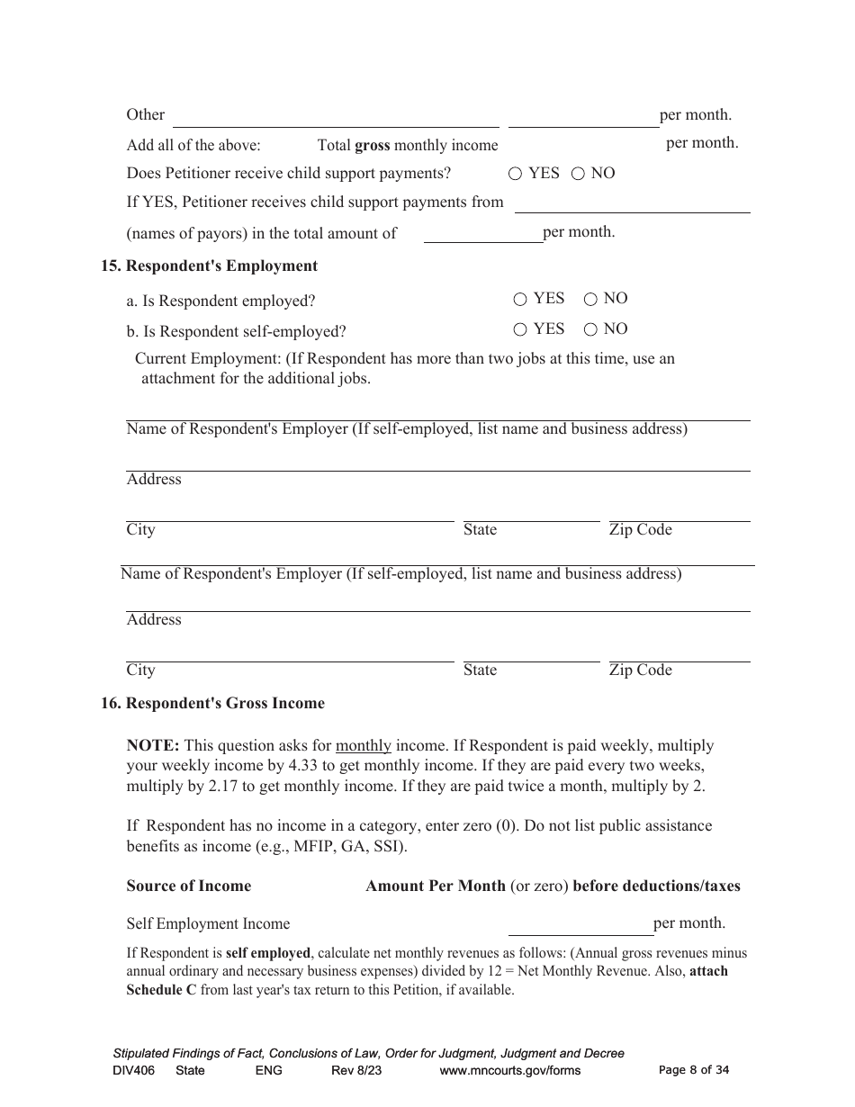 Form DIV406 Stipulated Findings of Fact, Conclusions of Law, Order for Judgment, Judgment and Decree - Minnesota, Page 8