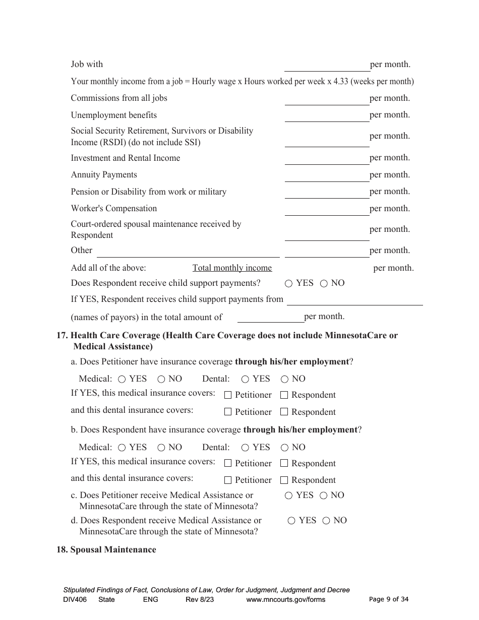 Form DIV406 Stipulated Findings of Fact, Conclusions of Law, Order for Judgment, Judgment and Decree - Minnesota, Page 9