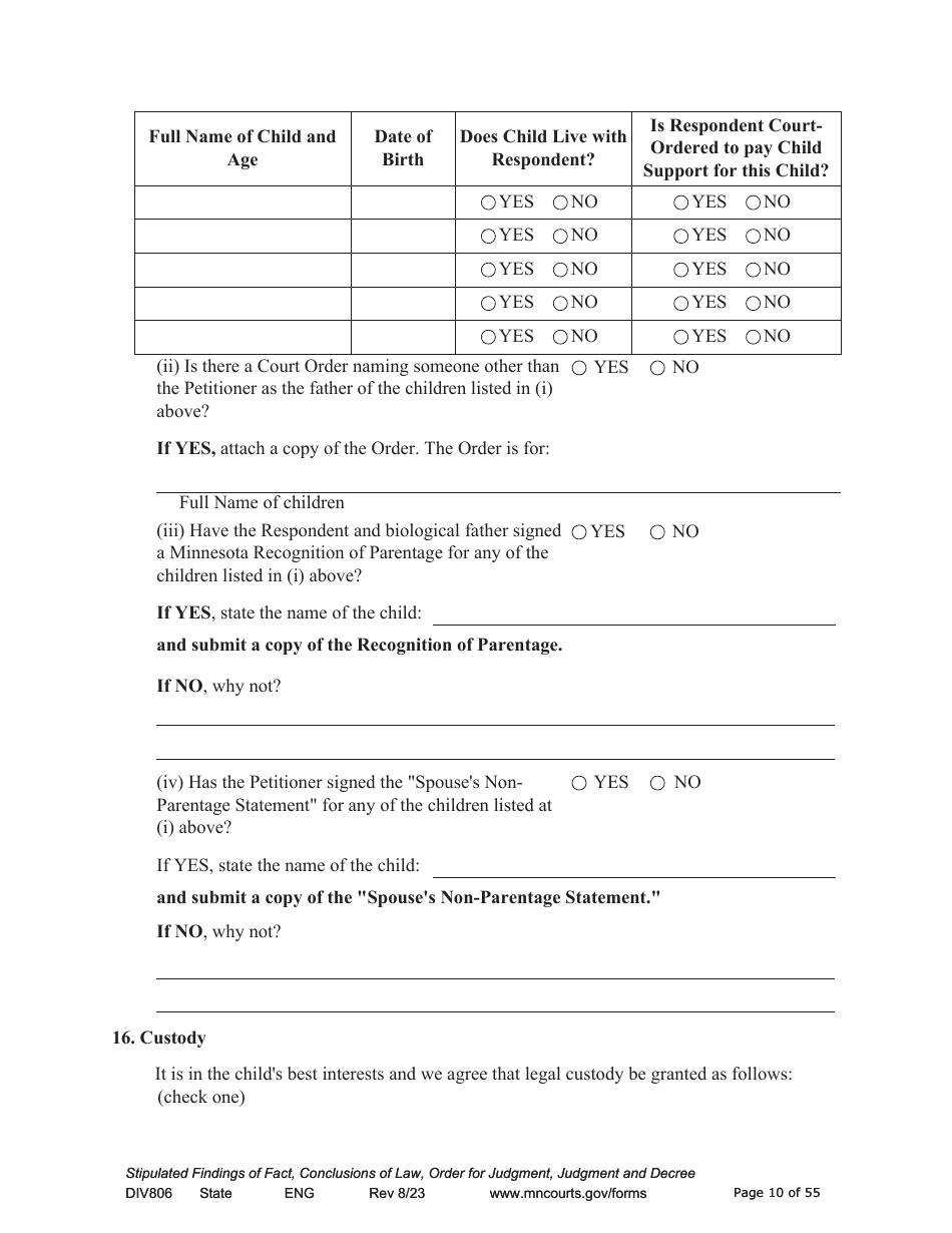 Form DIV806 Stipulated Findings of Fact, Conclusions of Law, Order for and Judgment, Judgment and Decree - Minnesota, Page 10