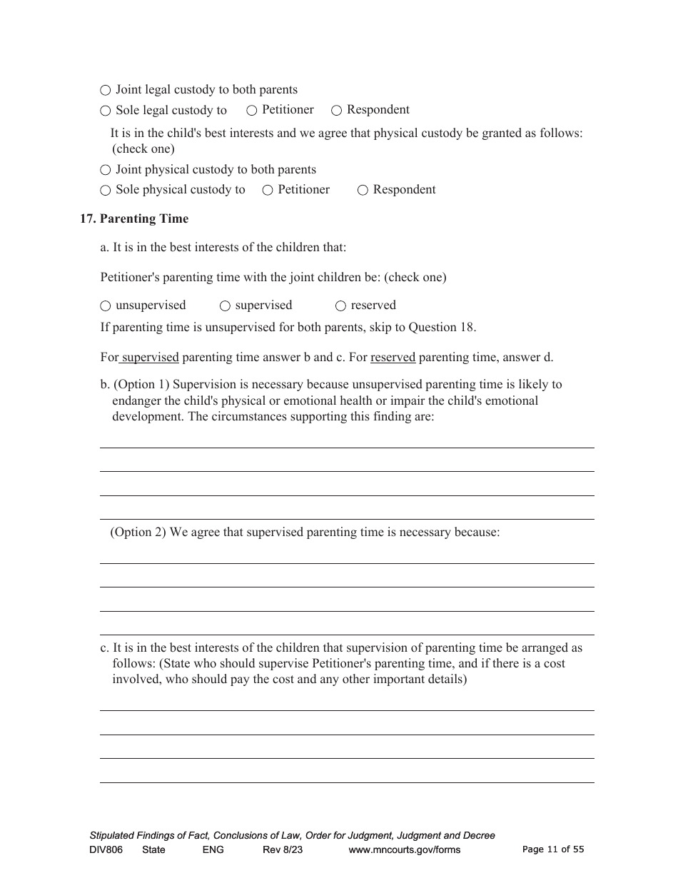 Form DIV806 Stipulated Findings of Fact, Conclusions of Law, Order for and Judgment, Judgment and Decree - Minnesota, Page 11