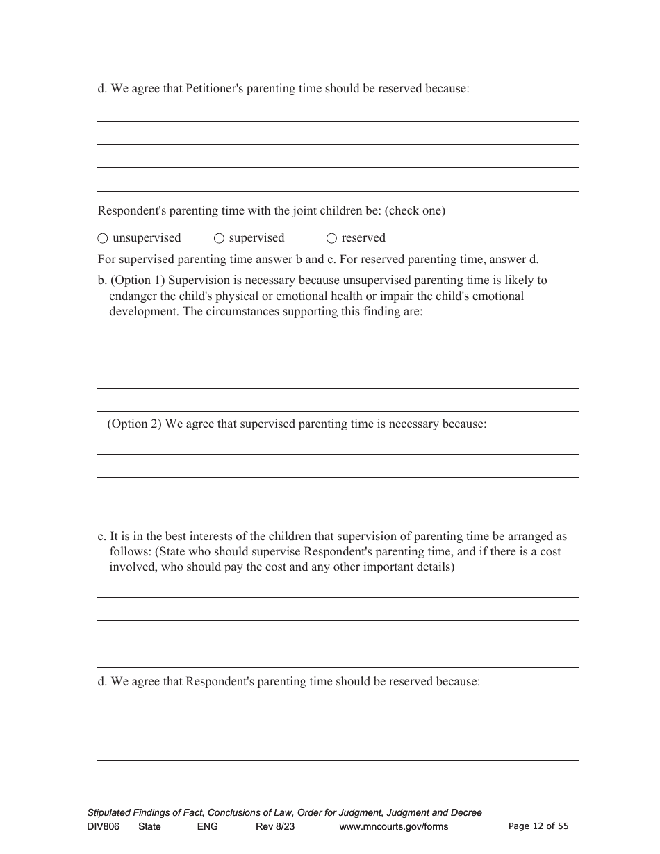 Form DIV806 Stipulated Findings of Fact, Conclusions of Law, Order for and Judgment, Judgment and Decree - Minnesota, Page 12