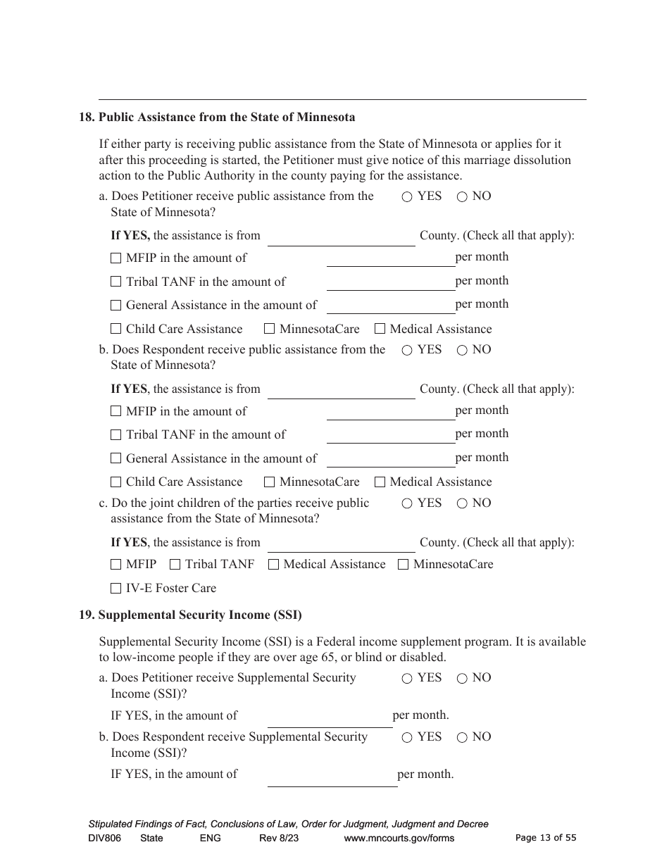 Form DIV806 Stipulated Findings of Fact, Conclusions of Law, Order for and Judgment, Judgment and Decree - Minnesota, Page 13