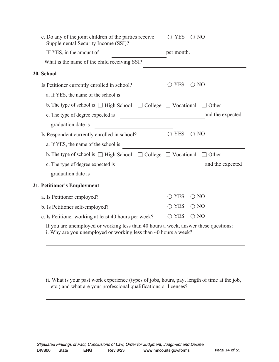 Form DIV806 Stipulated Findings of Fact, Conclusions of Law, Order for and Judgment, Judgment and Decree - Minnesota, Page 14