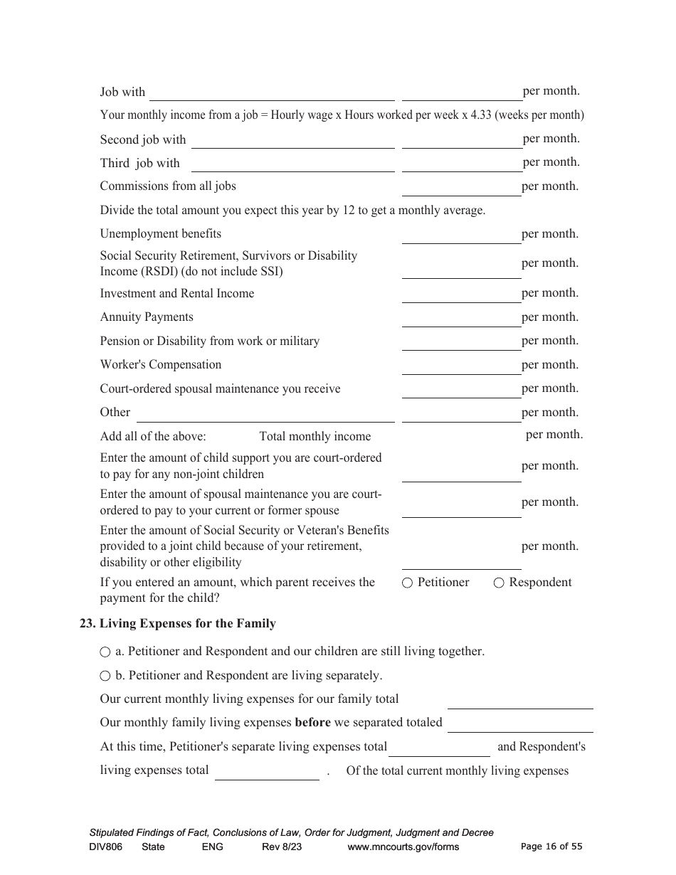 Form DIV806 Stipulated Findings of Fact, Conclusions of Law, Order for and Judgment, Judgment and Decree - Minnesota, Page 16