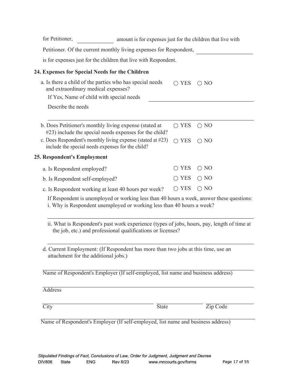 Form DIV806 Stipulated Findings of Fact, Conclusions of Law, Order for and Judgment, Judgment and Decree - Minnesota, Page 17