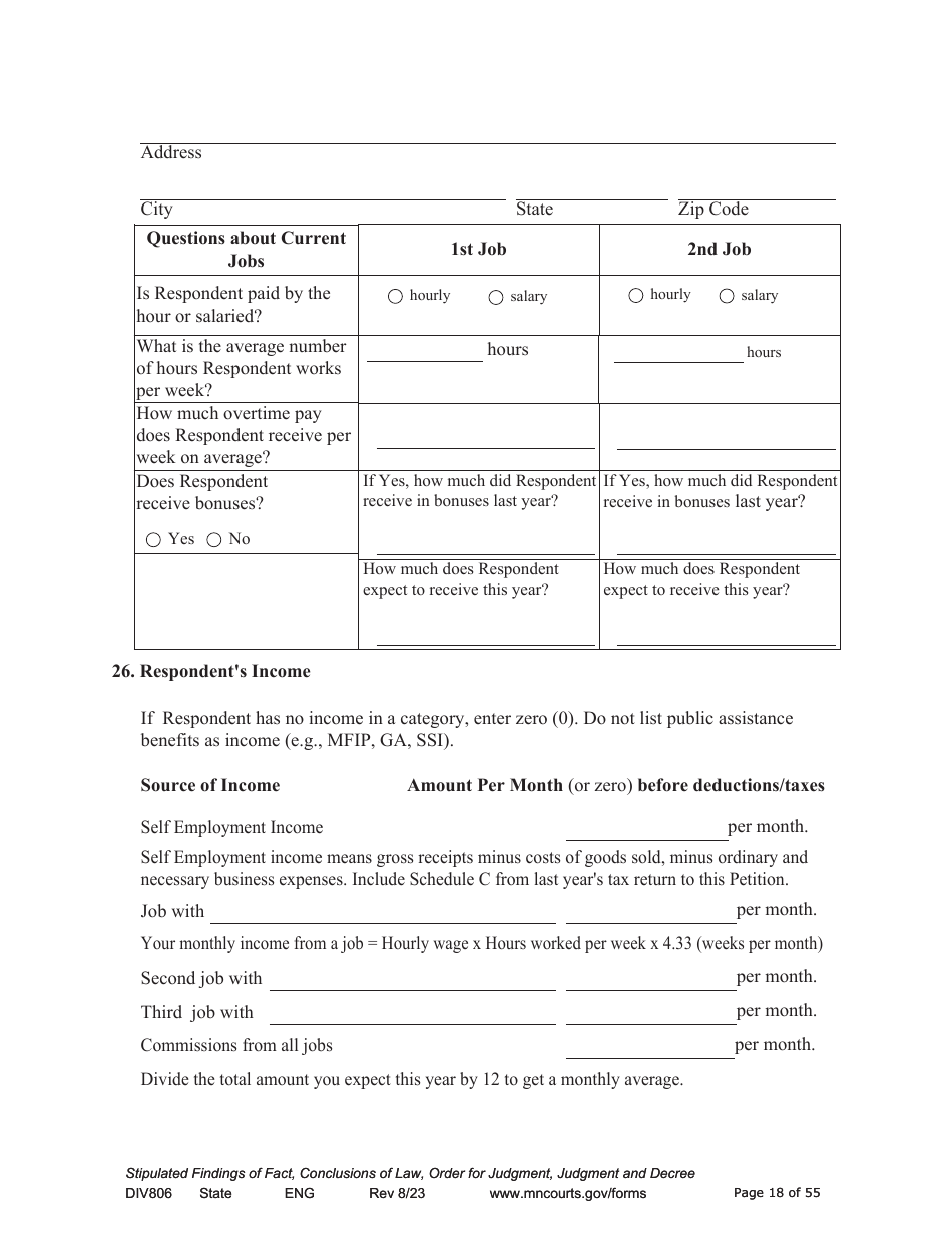 Form DIV806 Stipulated Findings of Fact, Conclusions of Law, Order for and Judgment, Judgment and Decree - Minnesota, Page 18