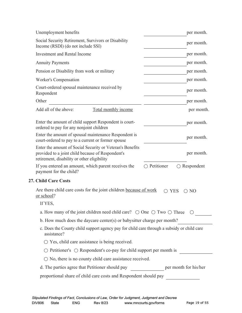 Form DIV806 Stipulated Findings of Fact, Conclusions of Law, Order for and Judgment, Judgment and Decree - Minnesota, Page 19