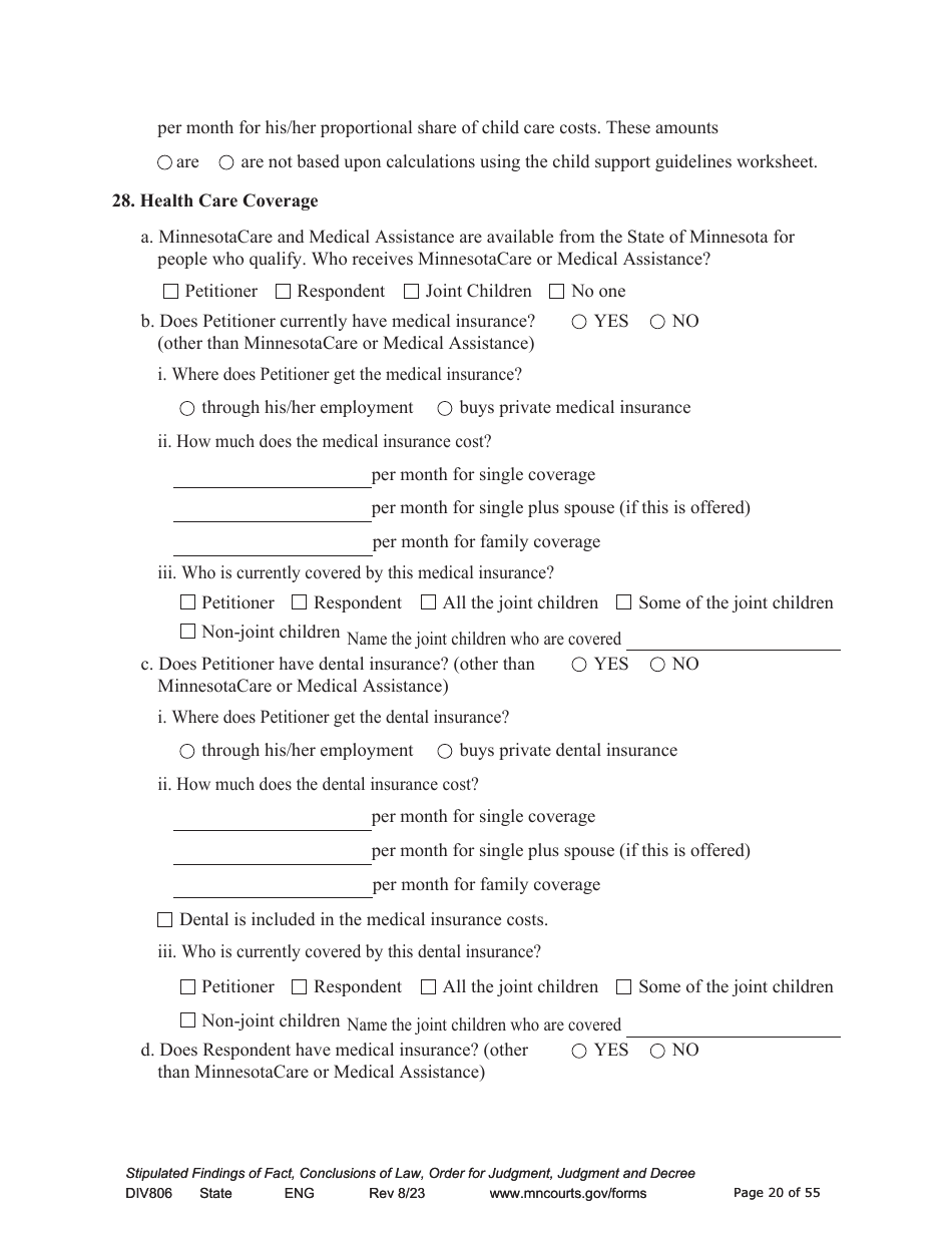 Form DIV806 Stipulated Findings of Fact, Conclusions of Law, Order for and Judgment, Judgment and Decree - Minnesota, Page 20