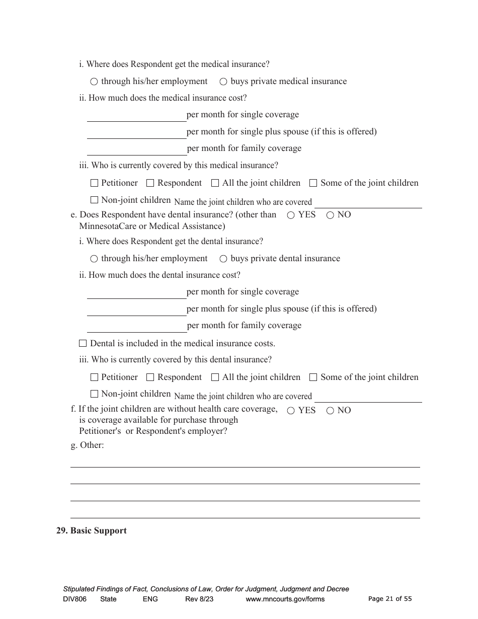Form DIV806 Stipulated Findings of Fact, Conclusions of Law, Order for and Judgment, Judgment and Decree - Minnesota, Page 21