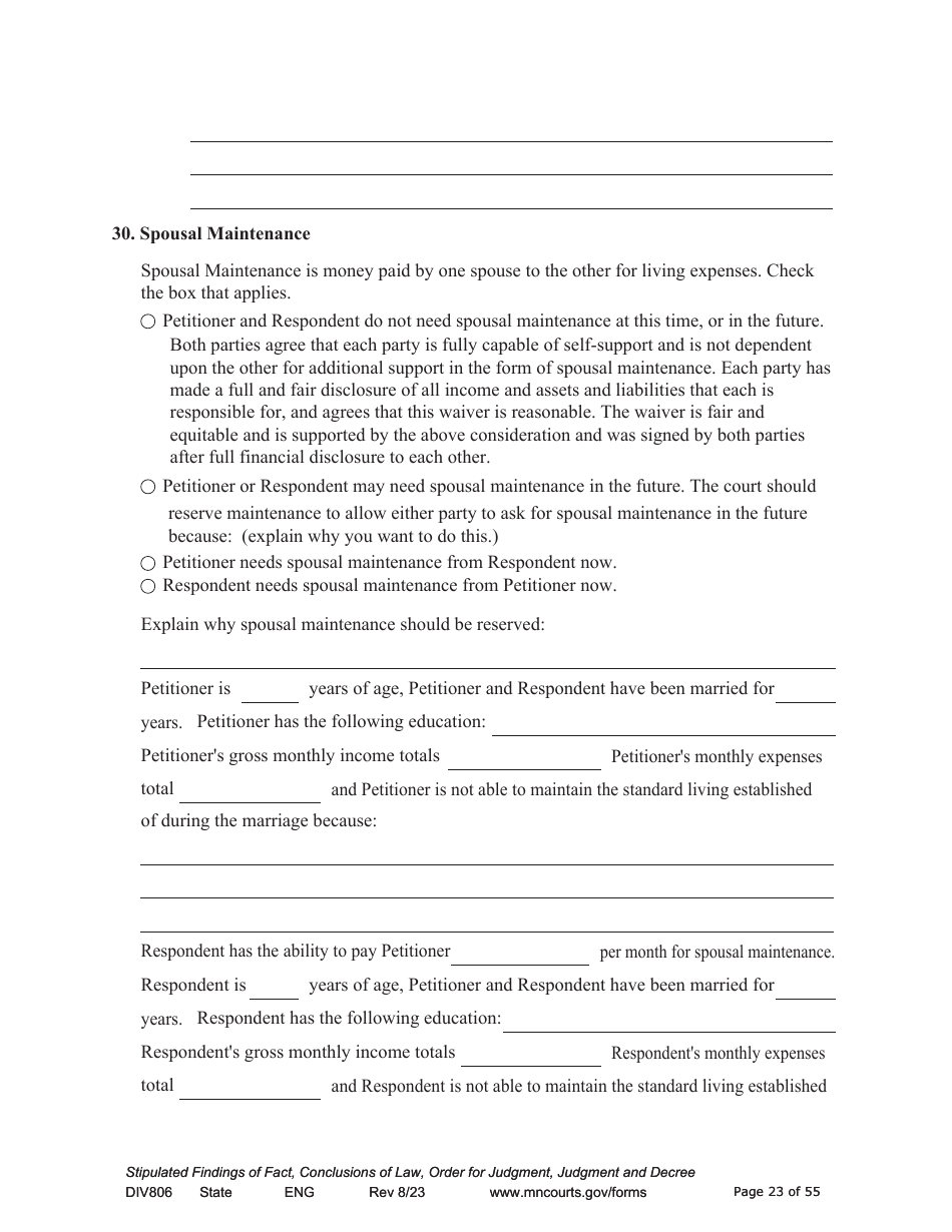 Form DIV806 Stipulated Findings of Fact, Conclusions of Law, Order for and Judgment, Judgment and Decree - Minnesota, Page 23