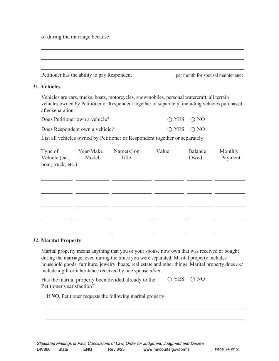 Form DIV806 Stipulated Findings of Fact, Conclusions of Law, Order for and Judgment, Judgment and Decree - Minnesota, Page 24
