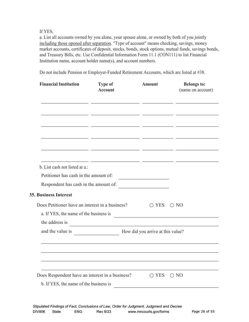 Form DIV806 Stipulated Findings of Fact, Conclusions of Law, Order for and Judgment, Judgment and Decree - Minnesota, Page 26
