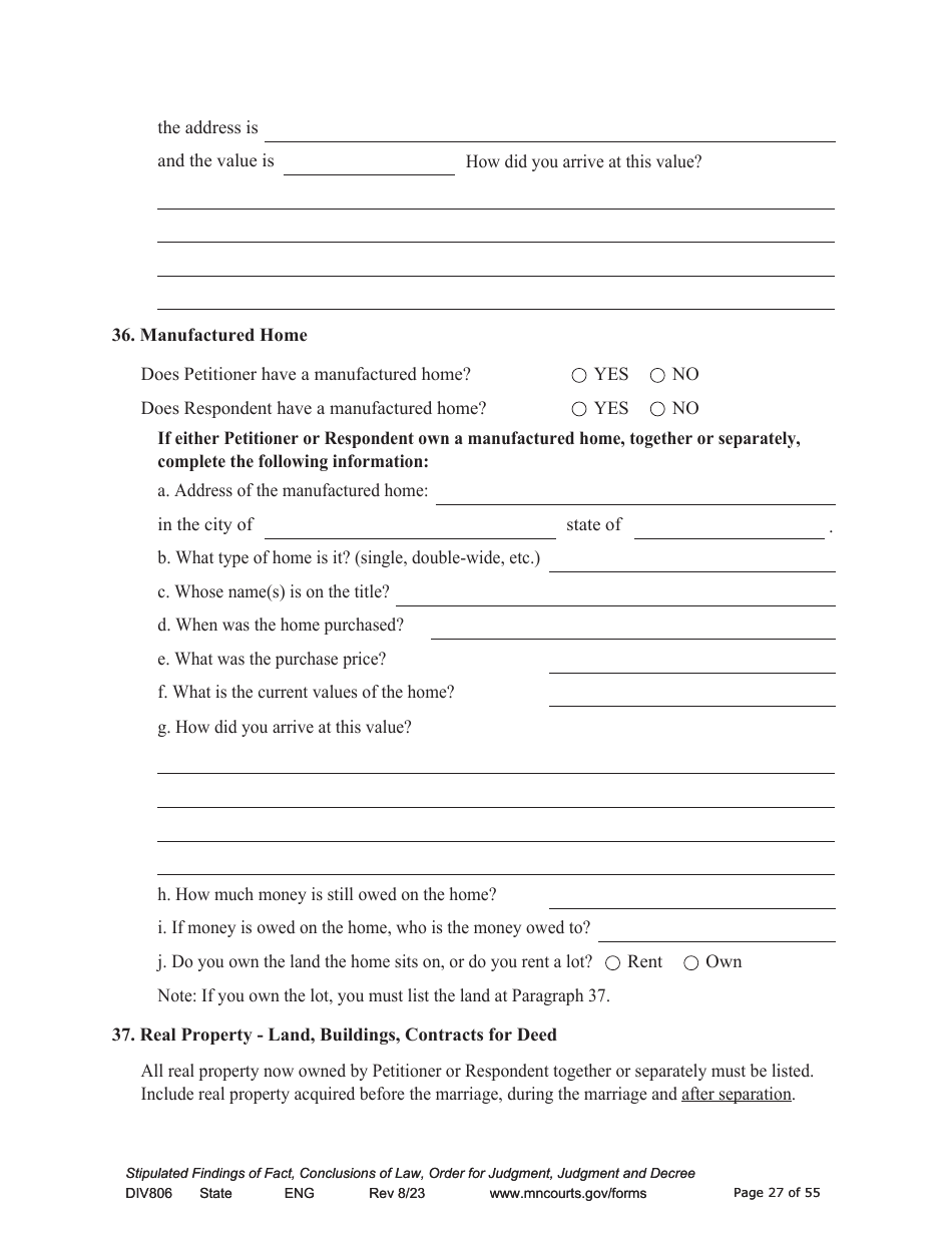 Form DIV806 Stipulated Findings of Fact, Conclusions of Law, Order for and Judgment, Judgment and Decree - Minnesota, Page 27