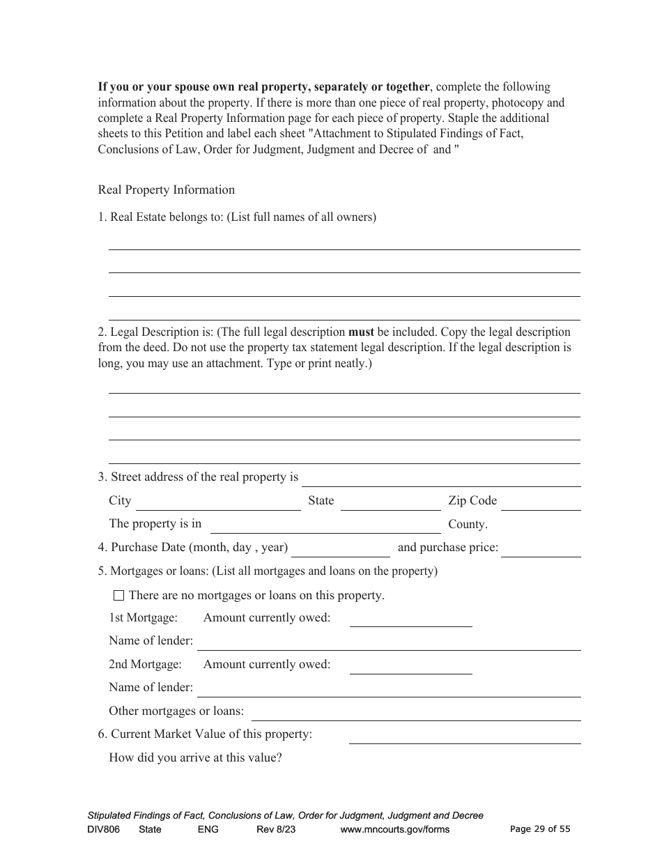 Form DIV806 Stipulated Findings of Fact, Conclusions of Law, Order for and Judgment, Judgment and Decree - Minnesota, Page 29
