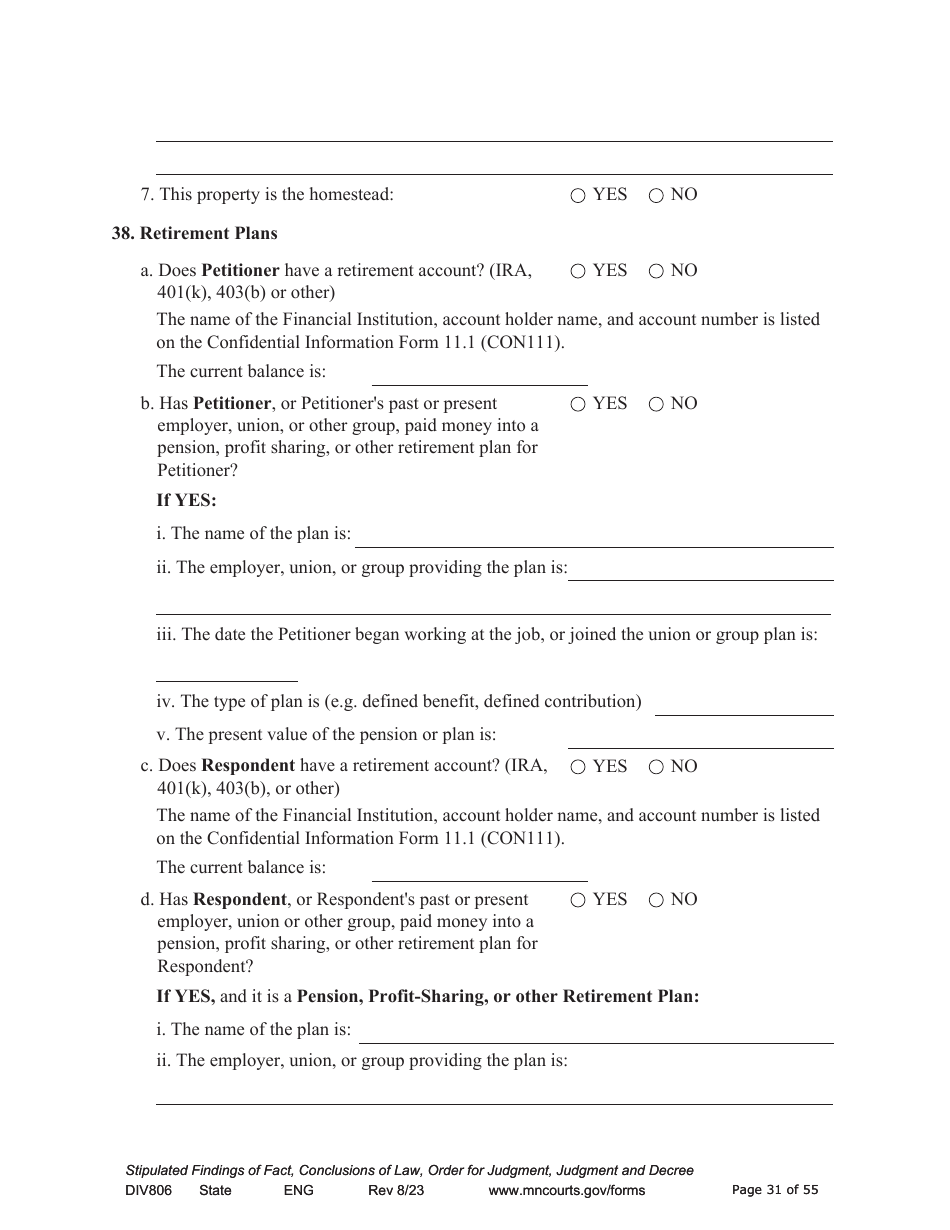 Form DIV806 Stipulated Findings of Fact, Conclusions of Law, Order for and Judgment, Judgment and Decree - Minnesota, Page 31