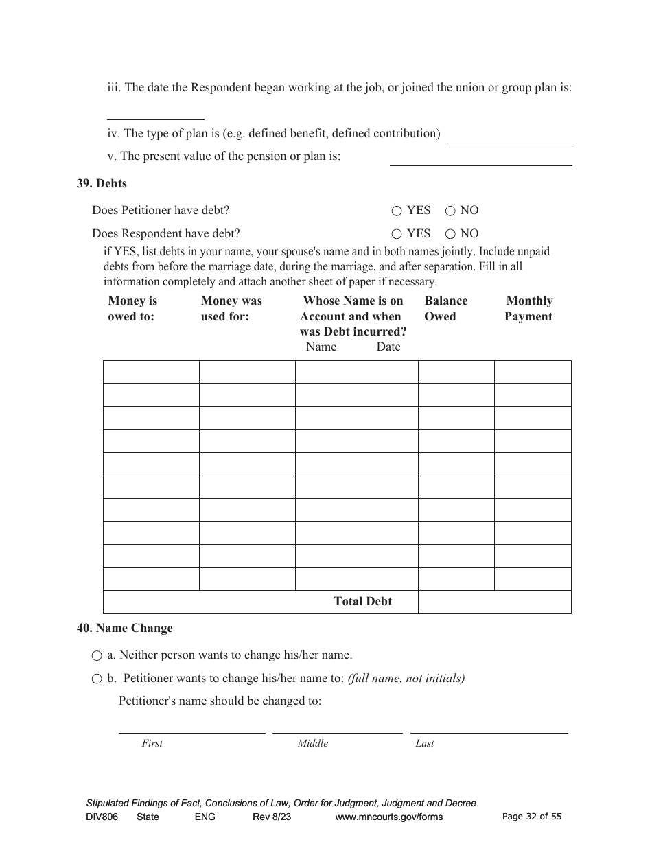 Form DIV806 Stipulated Findings of Fact, Conclusions of Law, Order for and Judgment, Judgment and Decree - Minnesota, Page 32