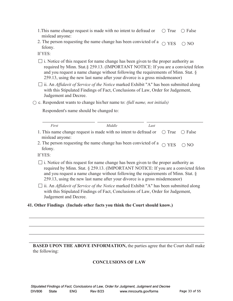 Form DIV806 Stipulated Findings of Fact, Conclusions of Law, Order for and Judgment, Judgment and Decree - Minnesota, Page 33