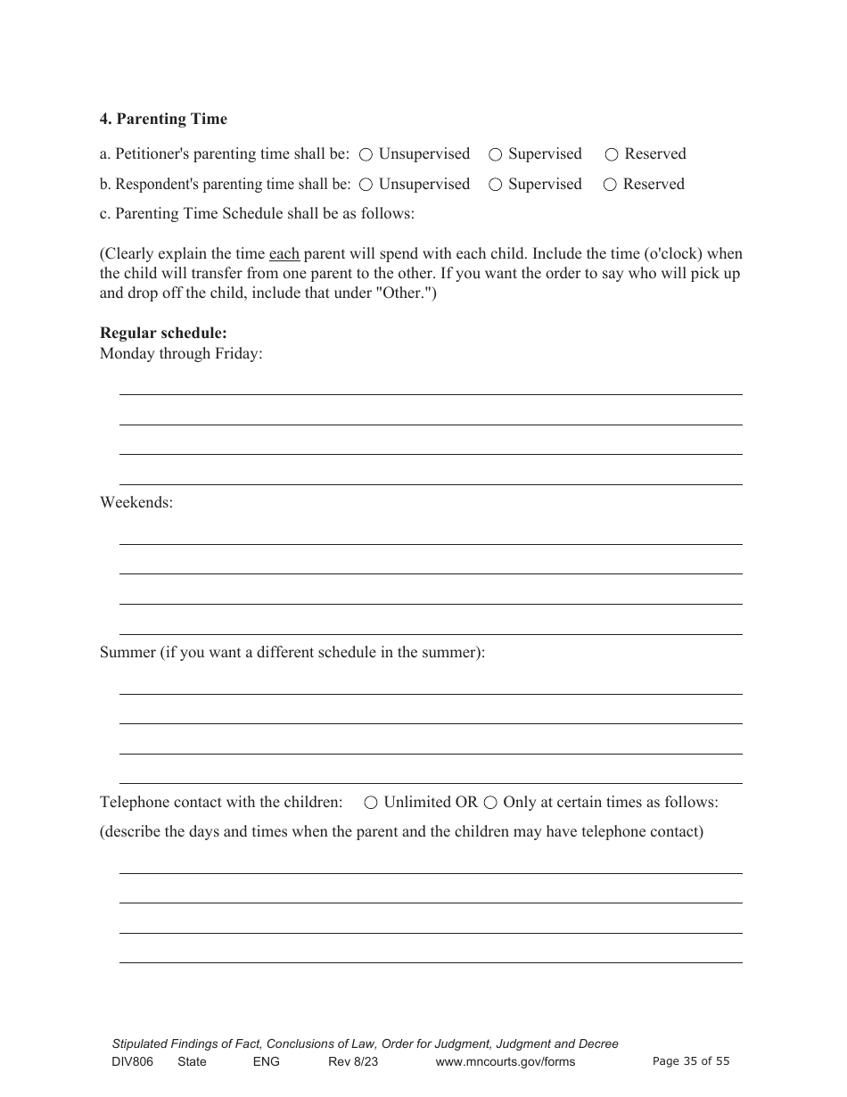 Form DIV806 Stipulated Findings of Fact, Conclusions of Law, Order for and Judgment, Judgment and Decree - Minnesota, Page 35