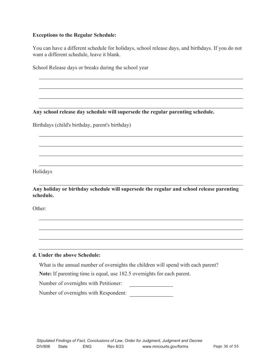 Form DIV806 Stipulated Findings of Fact, Conclusions of Law, Order for and Judgment, Judgment and Decree - Minnesota, Page 36
