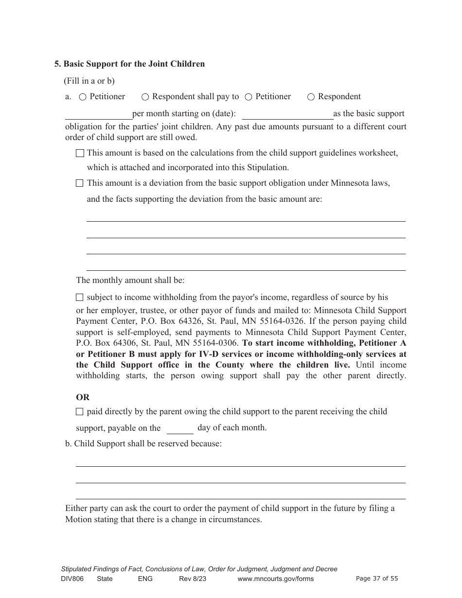 Form DIV806 Stipulated Findings of Fact, Conclusions of Law, Order for and Judgment, Judgment and Decree - Minnesota, Page 37