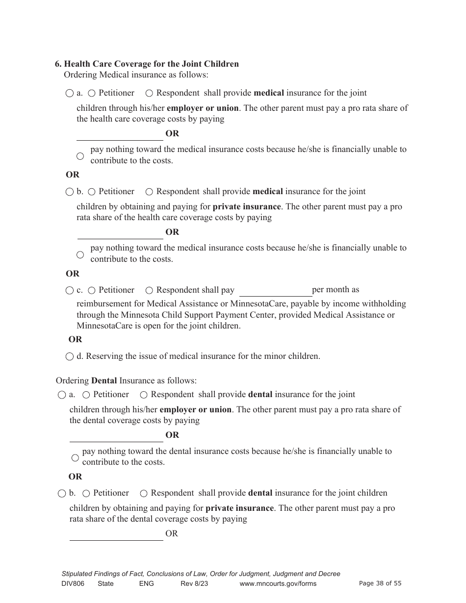 Form DIV806 Stipulated Findings of Fact, Conclusions of Law, Order for and Judgment, Judgment and Decree - Minnesota, Page 38