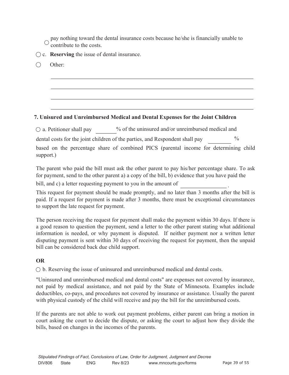 Form DIV806 Stipulated Findings of Fact, Conclusions of Law, Order for and Judgment, Judgment and Decree - Minnesota, Page 39