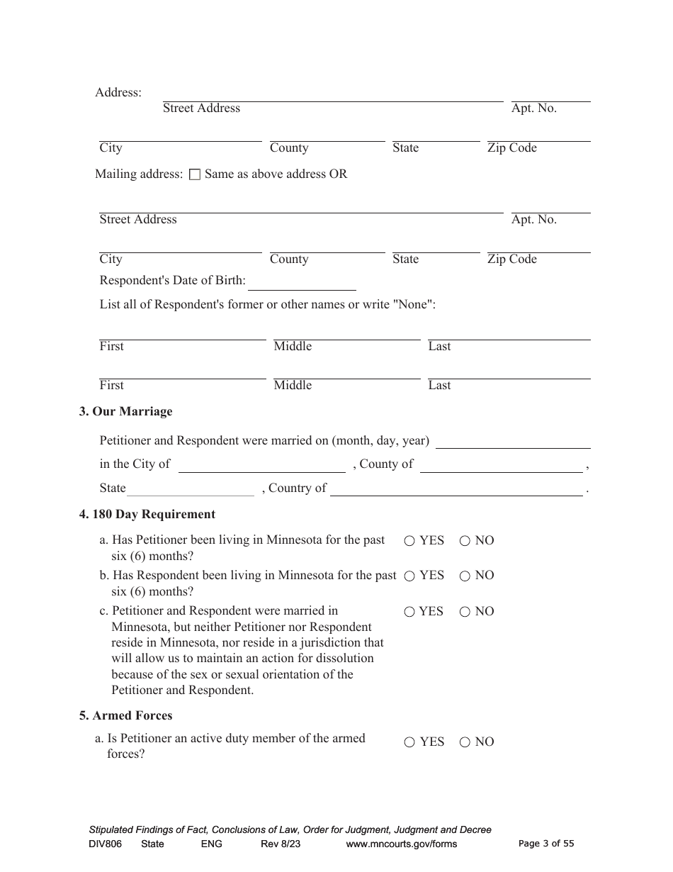 Form DIV806 Stipulated Findings of Fact, Conclusions of Law, Order for and Judgment, Judgment and Decree - Minnesota, Page 3