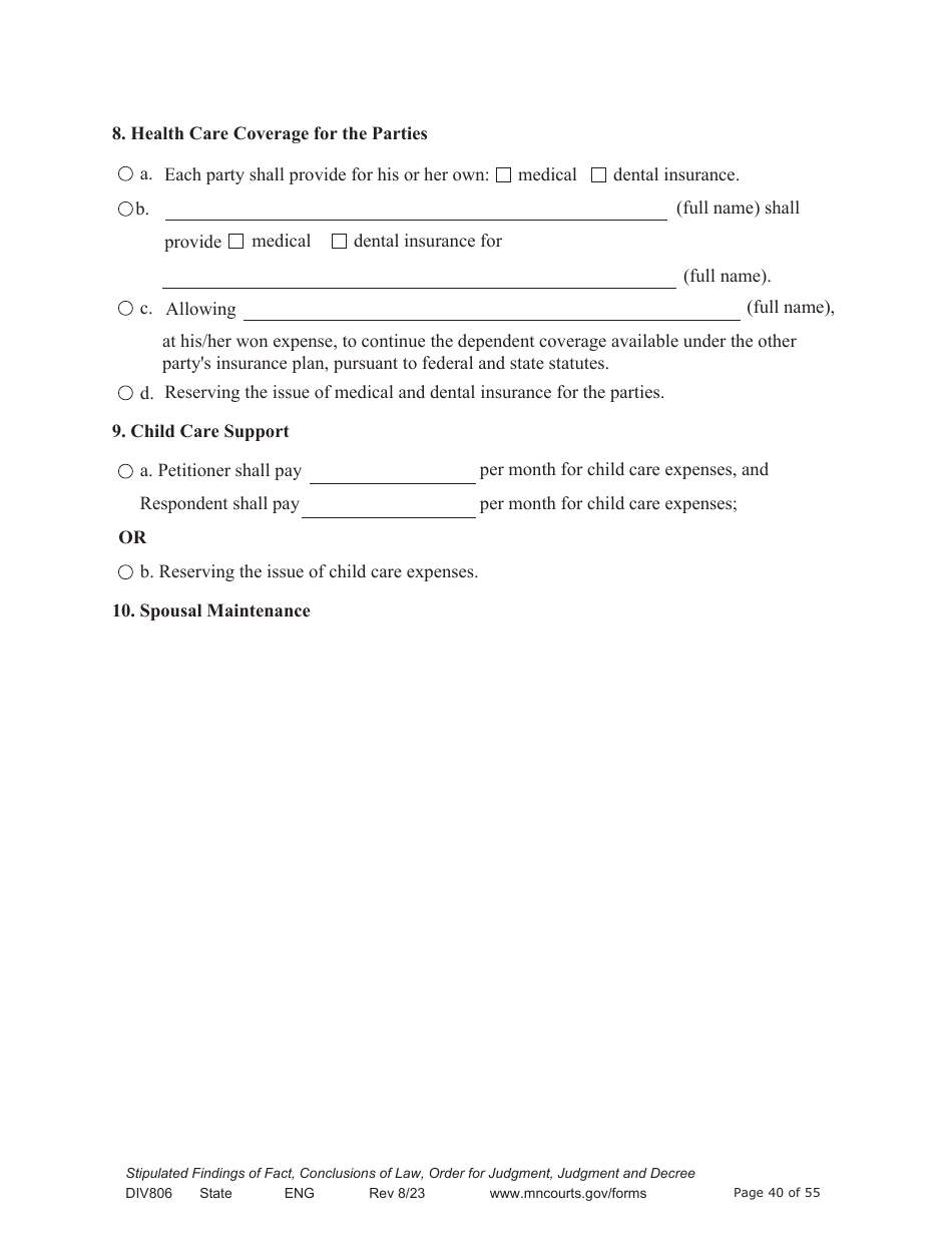 Form DIV806 Stipulated Findings of Fact, Conclusions of Law, Order for and Judgment, Judgment and Decree - Minnesota, Page 40