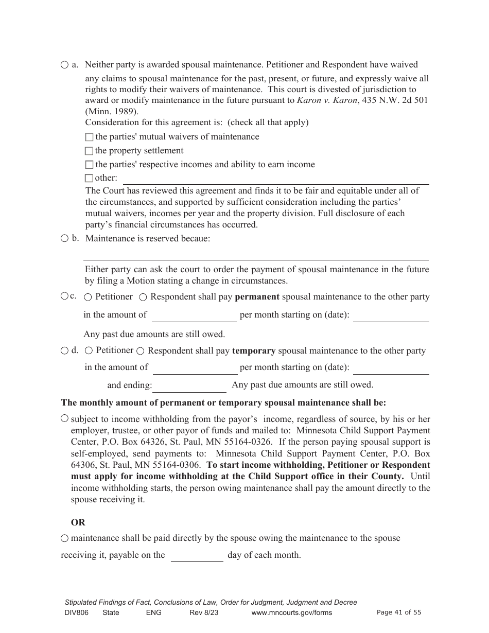 Form DIV806 Stipulated Findings of Fact, Conclusions of Law, Order for and Judgment, Judgment and Decree - Minnesota, Page 41