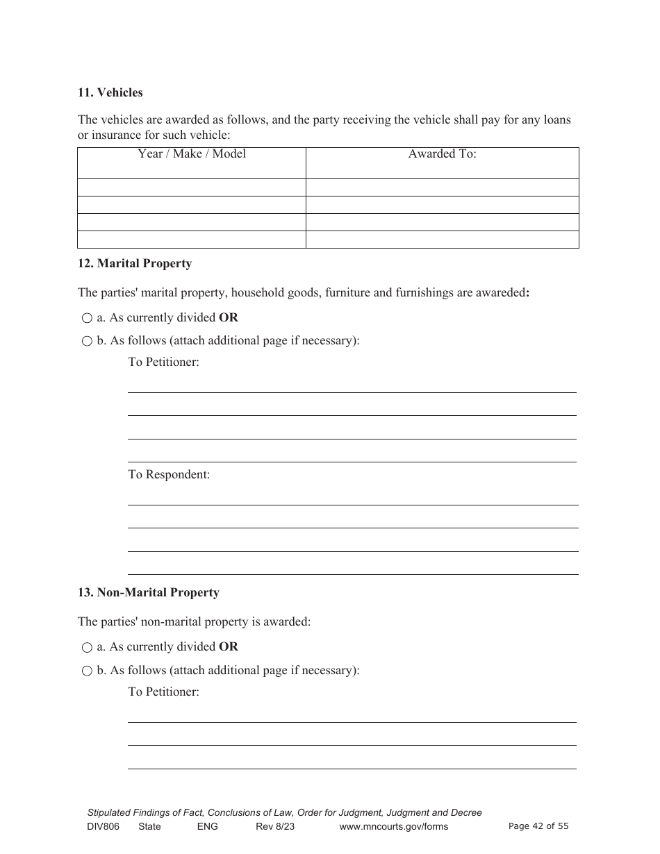 Form DIV806 Stipulated Findings of Fact, Conclusions of Law, Order for and Judgment, Judgment and Decree - Minnesota, Page 42