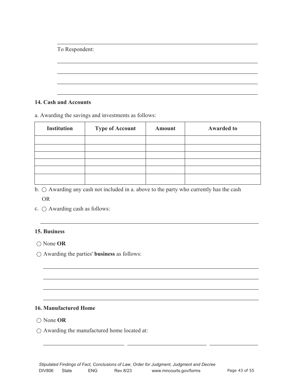 Form DIV806 Stipulated Findings of Fact, Conclusions of Law, Order for and Judgment, Judgment and Decree - Minnesota, Page 43