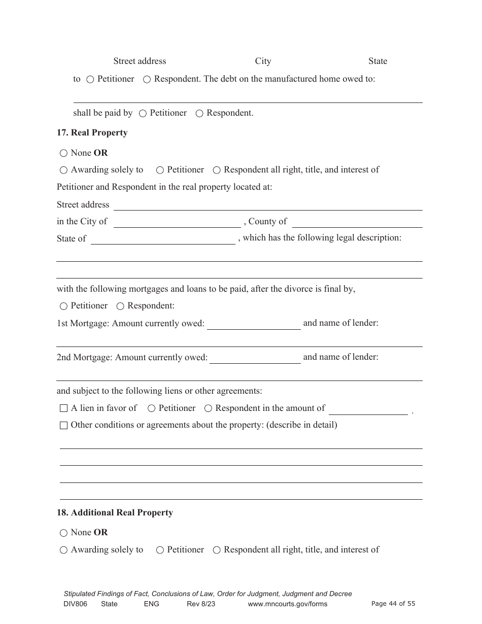 Form DIV806 Stipulated Findings of Fact, Conclusions of Law, Order for and Judgment, Judgment and Decree - Minnesota, Page 44