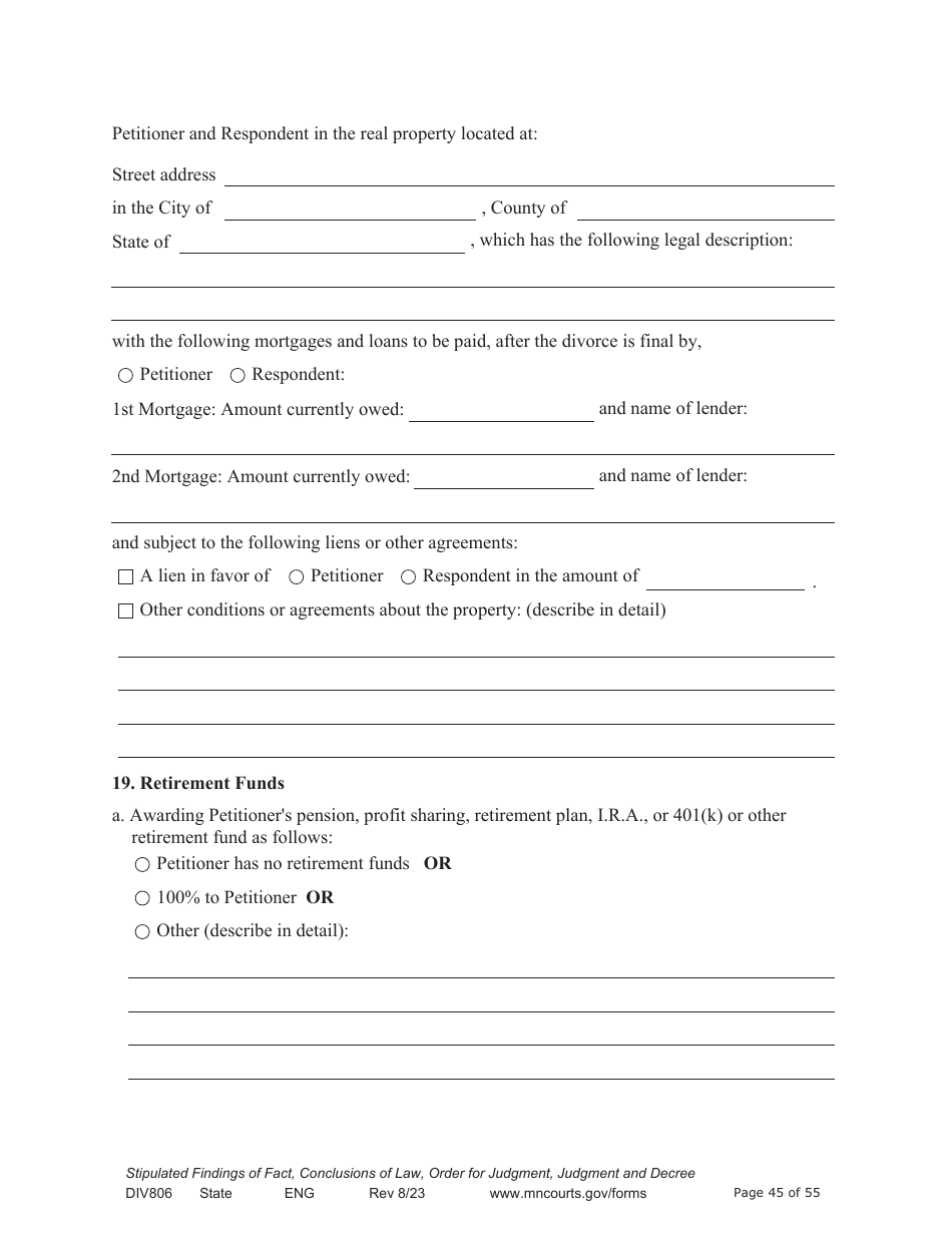Form DIV806 Stipulated Findings of Fact, Conclusions of Law, Order for and Judgment, Judgment and Decree - Minnesota, Page 45