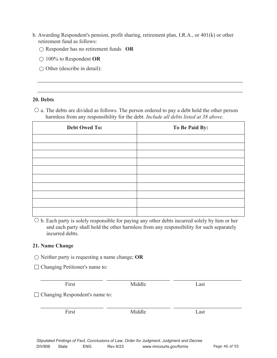 Form DIV806 Stipulated Findings of Fact, Conclusions of Law, Order for and Judgment, Judgment and Decree - Minnesota, Page 46