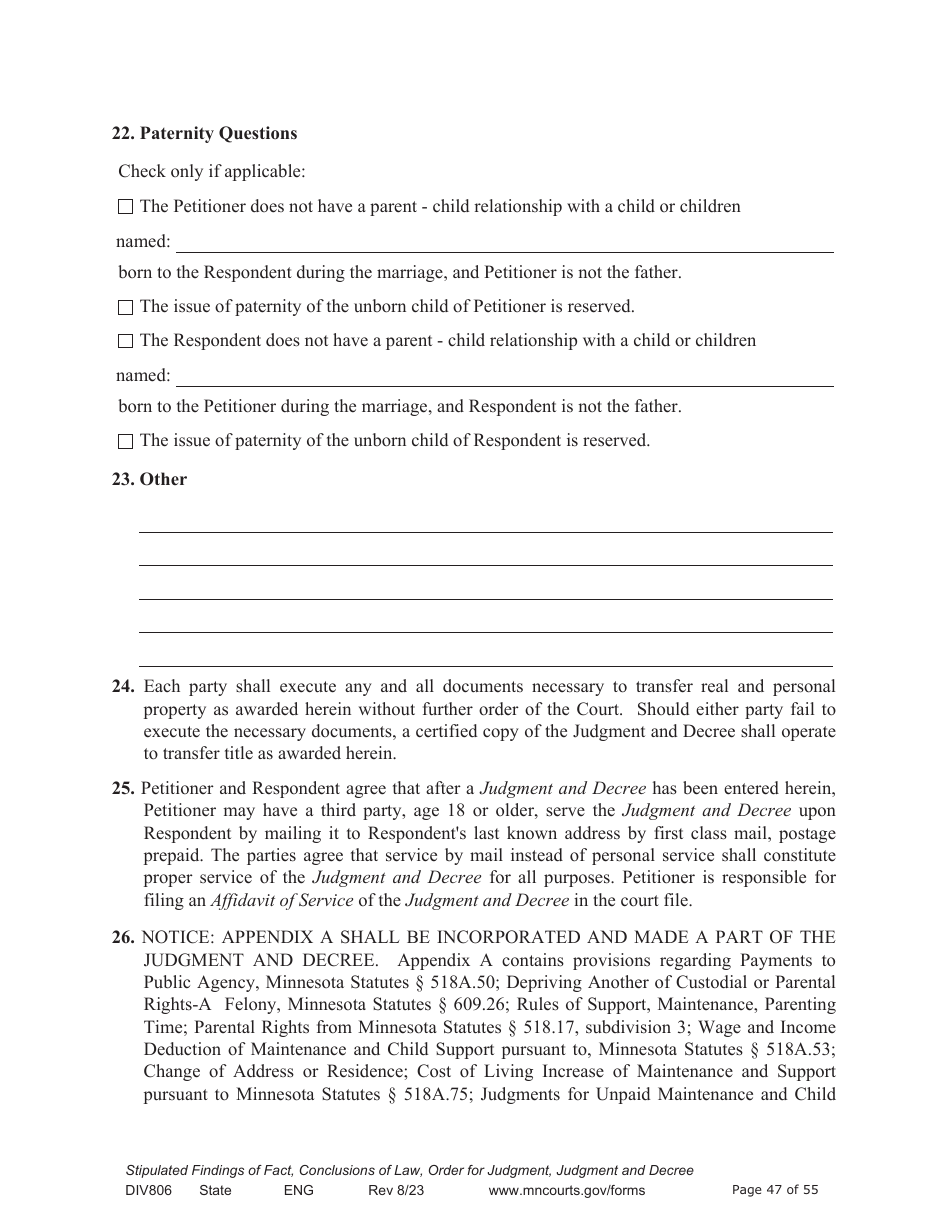 Form DIV806 Stipulated Findings of Fact, Conclusions of Law, Order for and Judgment, Judgment and Decree - Minnesota, Page 47