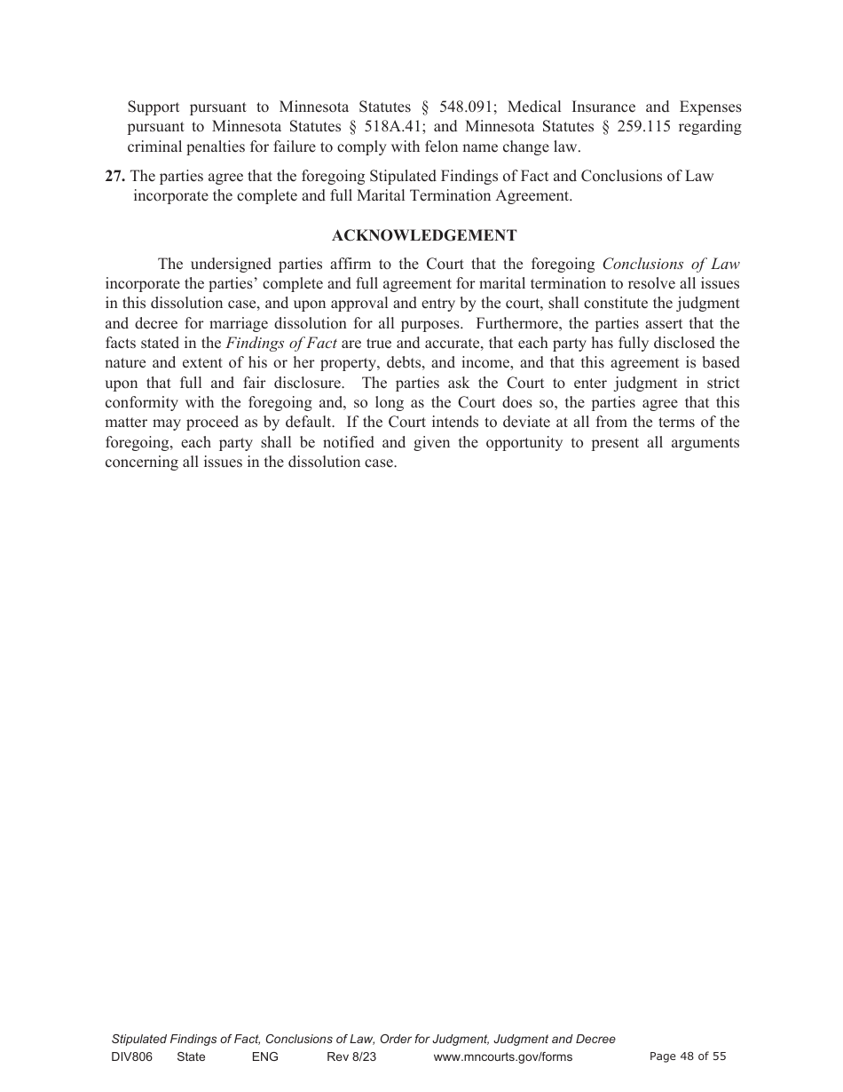 Form DIV806 Stipulated Findings of Fact, Conclusions of Law, Order for and Judgment, Judgment and Decree - Minnesota, Page 48