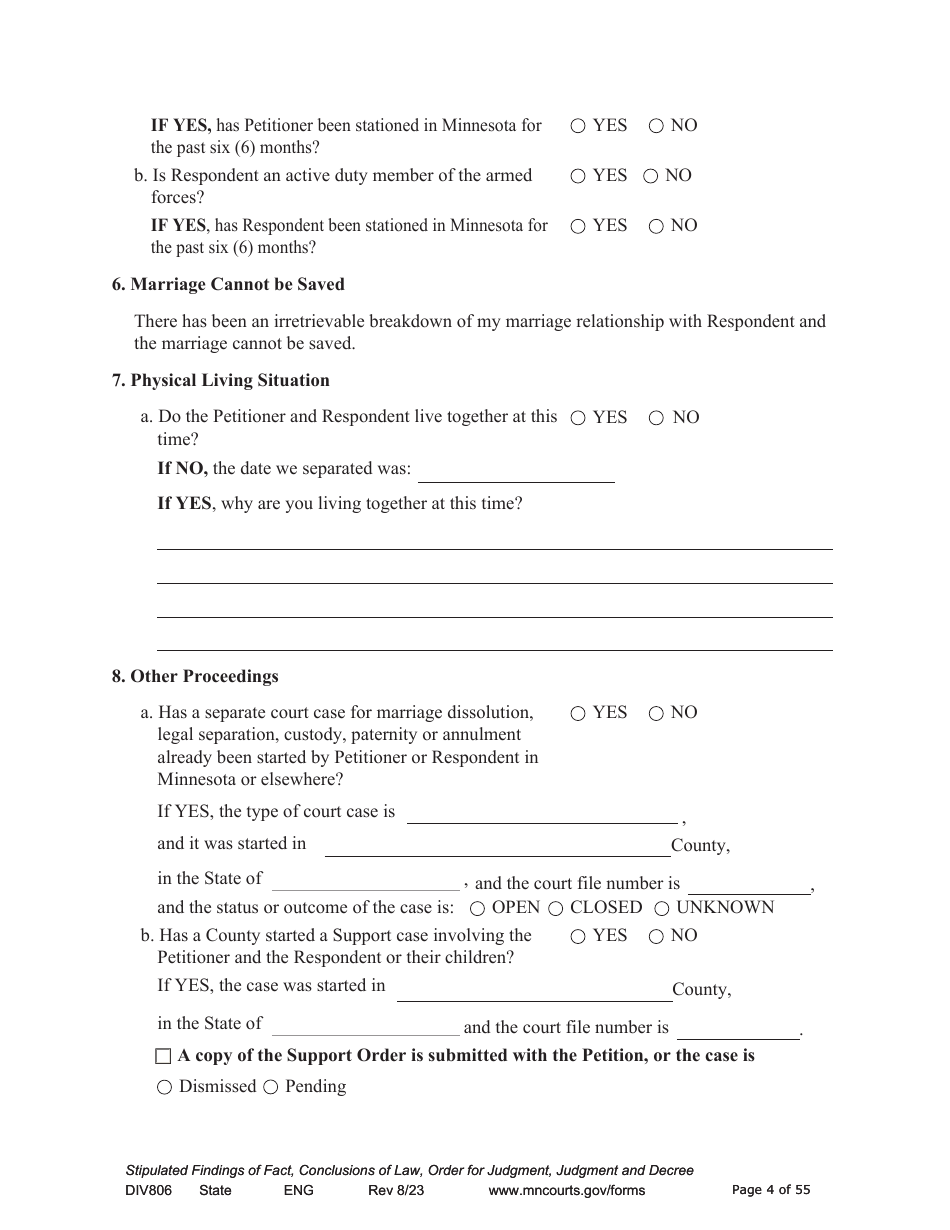 Form DIV806 Stipulated Findings of Fact, Conclusions of Law, Order for and Judgment, Judgment and Decree - Minnesota, Page 4