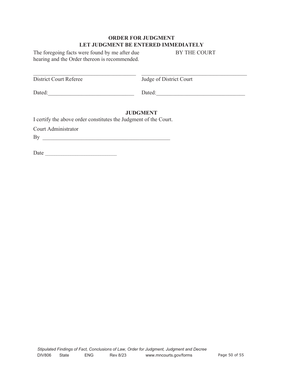 Form DIV806 Stipulated Findings of Fact, Conclusions of Law, Order for and Judgment, Judgment and Decree - Minnesota, Page 50