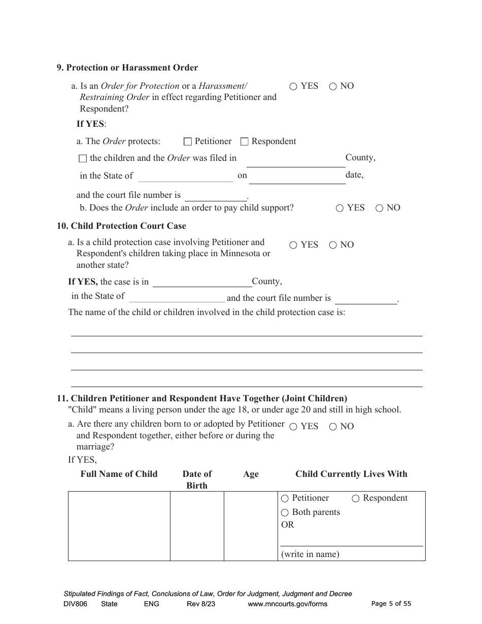 Form DIV806 Stipulated Findings of Fact, Conclusions of Law, Order for and Judgment, Judgment and Decree - Minnesota, Page 5