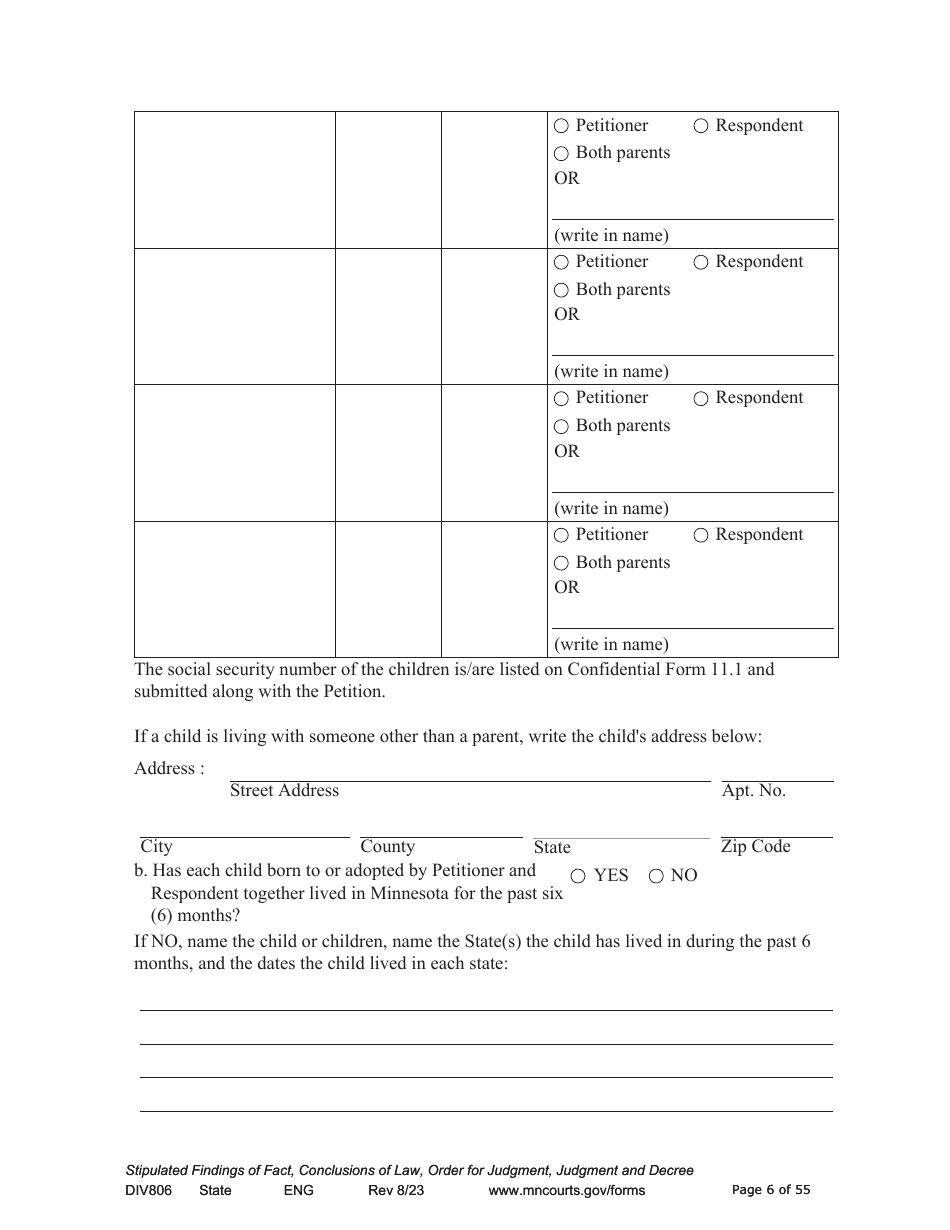 Form DIV806 Stipulated Findings of Fact, Conclusions of Law, Order for and Judgment, Judgment and Decree - Minnesota, Page 6