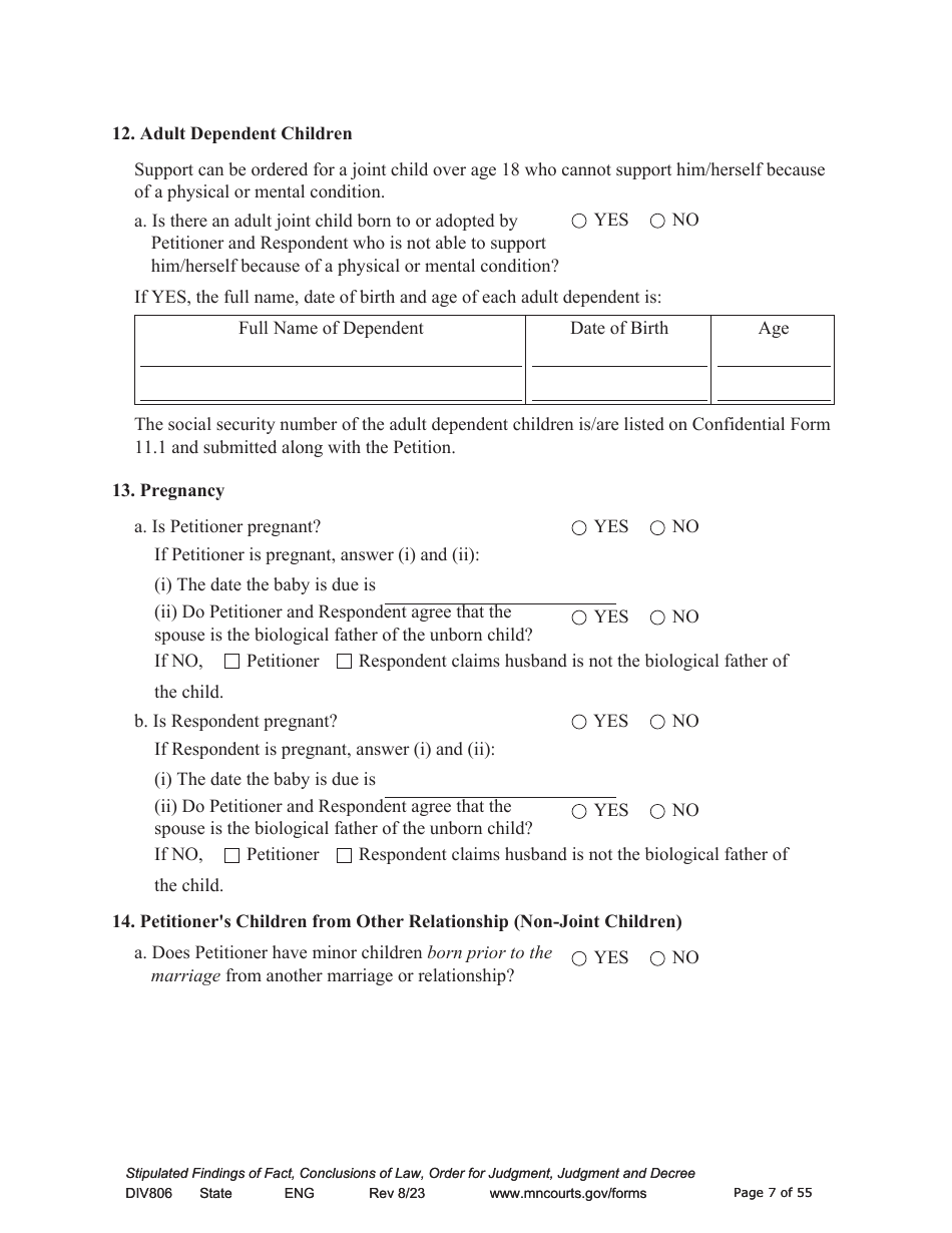 Form DIV806 Stipulated Findings of Fact, Conclusions of Law, Order for and Judgment, Judgment and Decree - Minnesota, Page 7