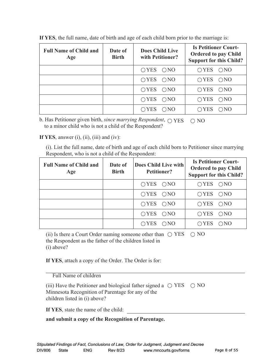 Form DIV806 Stipulated Findings of Fact, Conclusions of Law, Order for and Judgment, Judgment and Decree - Minnesota, Page 8